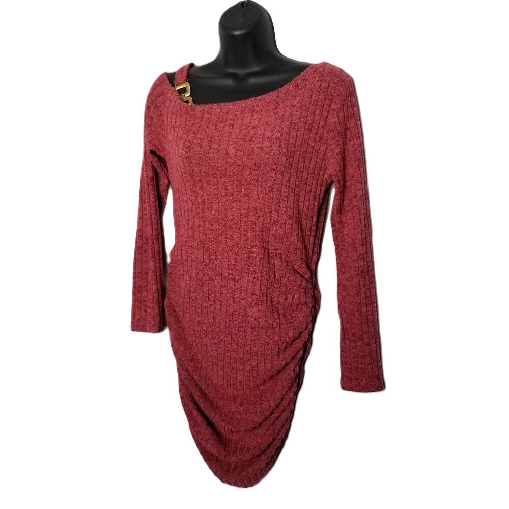 SHEIN Rosewood Red Ribbed One Shoulder Bodycon Dress Medium Ruched Fall